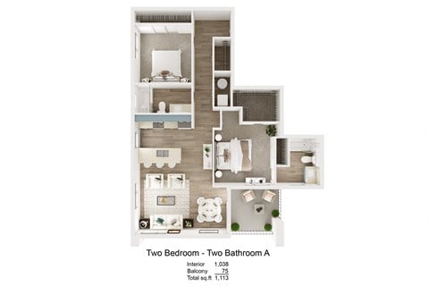 Floor plan for 2 beds, 2 baths, 999 sqft